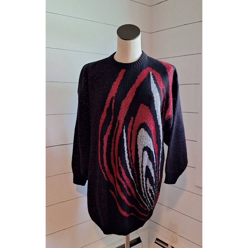 VTG Women's Sweater Distinctly Different Sz 20W Black/Silver/Red Metallic Grahic